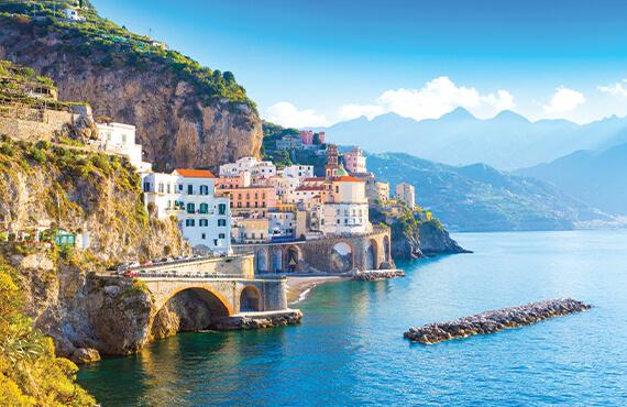 A seaside view of the small town of Positano on the Amalfi Coast.