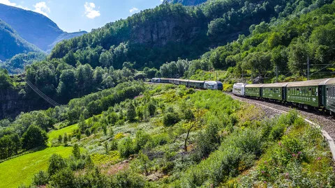 A view of the iconic Flam Railway that courses through Norway's countryside.