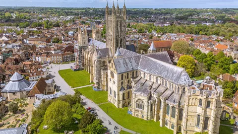 An aerial view of the Grand Canterbury Cathedral and it's gothic architecture.