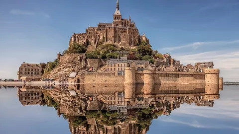 A landscape view of Mont Saint Michel in Normandy.