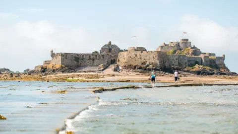 A view of Elizabeth Castle, an island fortress just off the coast of Jersey.