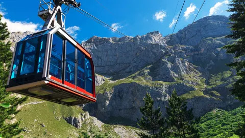A view of a cable car travelling up to the Picos de Europa.