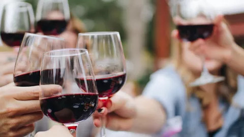 A tour group engaging in a wine tasting session, clinking their glasses together in celebration.