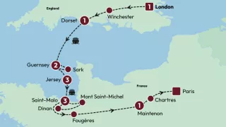 London to Paris via the Channel Islands 2025 map.