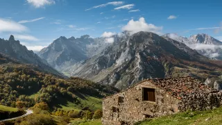 A landscape view of the Picos de Europa mountains.
