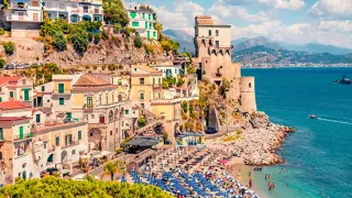 A landscape view of the coastal town of Cetara, one of the small towns dotting the Amalfi Coast.