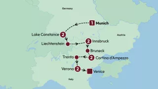 Alpine Escape: Germany, Austria and Italy 2026 tour map.