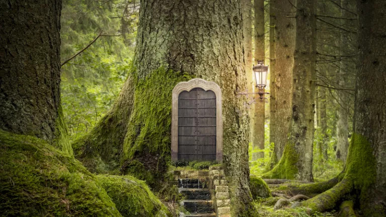 Photo of a door in a forest