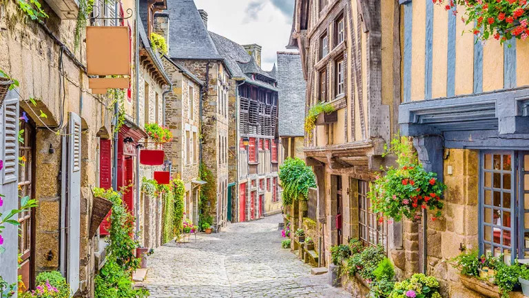 Cobblestone street with old houses