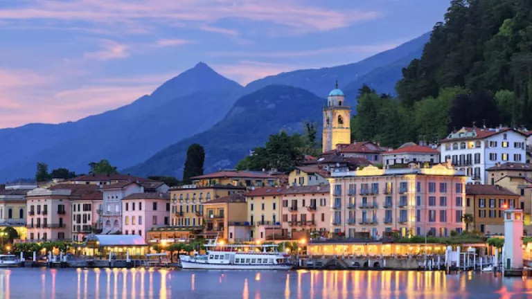 Twilight scene of Varenna along the shores of Lake Como, Italy.