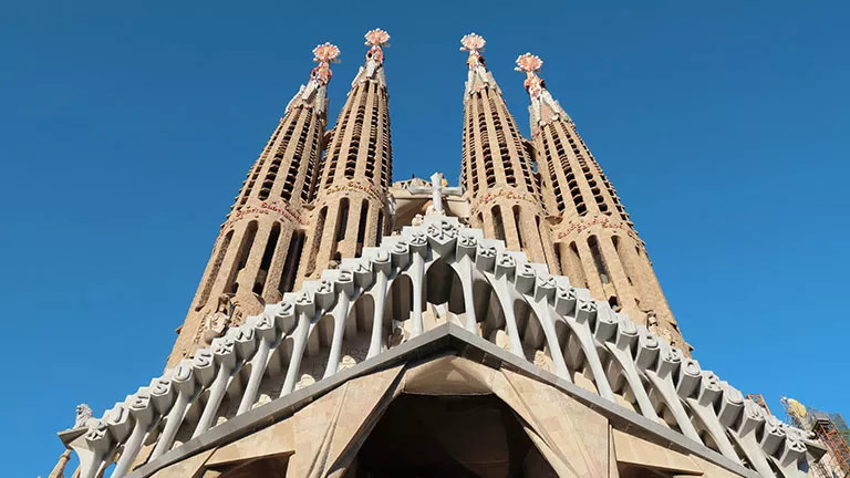 View looking up at the Sagrada Familia in Barcelona, Spain