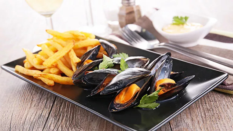 Freshly steamed French Mussels and fries