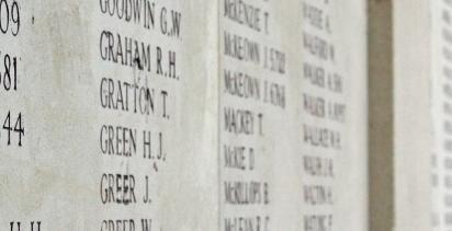 List of names of fallen soldiers at a WWI memorial.