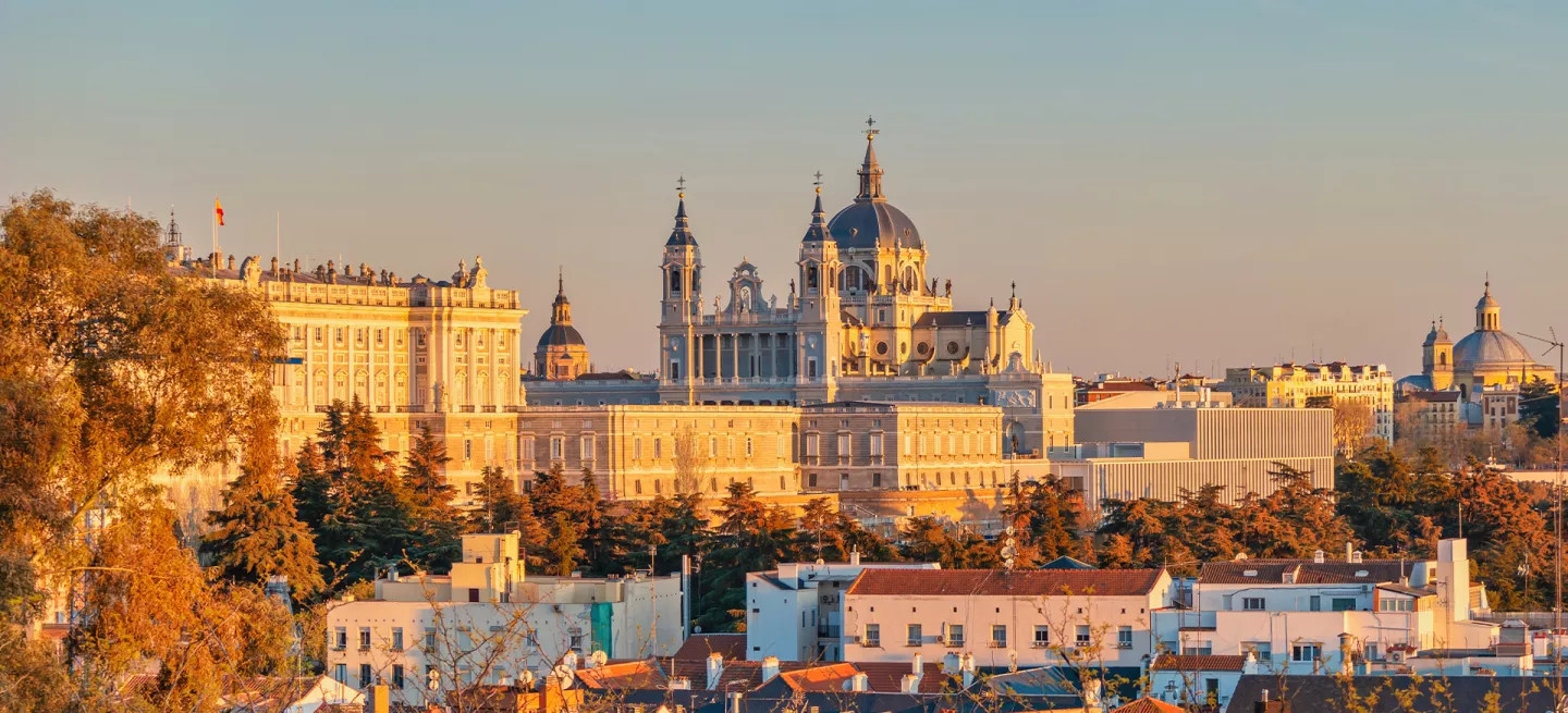 Aerial view of La Almudena Cathedral in Madrid, Spain