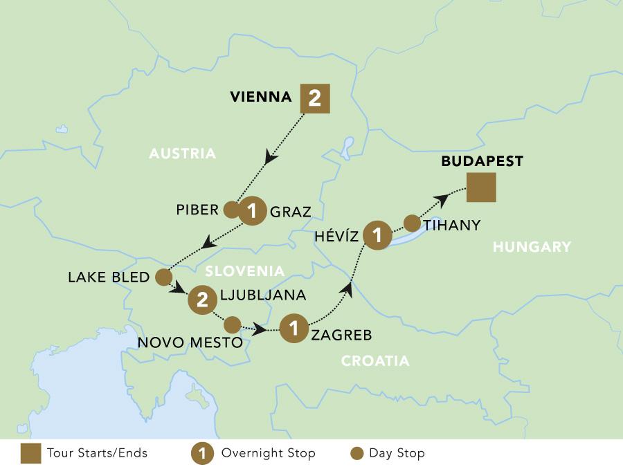 Classical Europe: Vienna to Budapest tour map for 2023