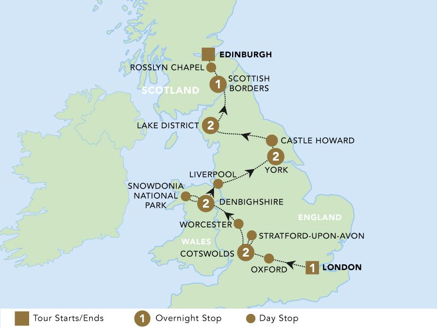 Highlights of Britain 2023 tour map for 2024