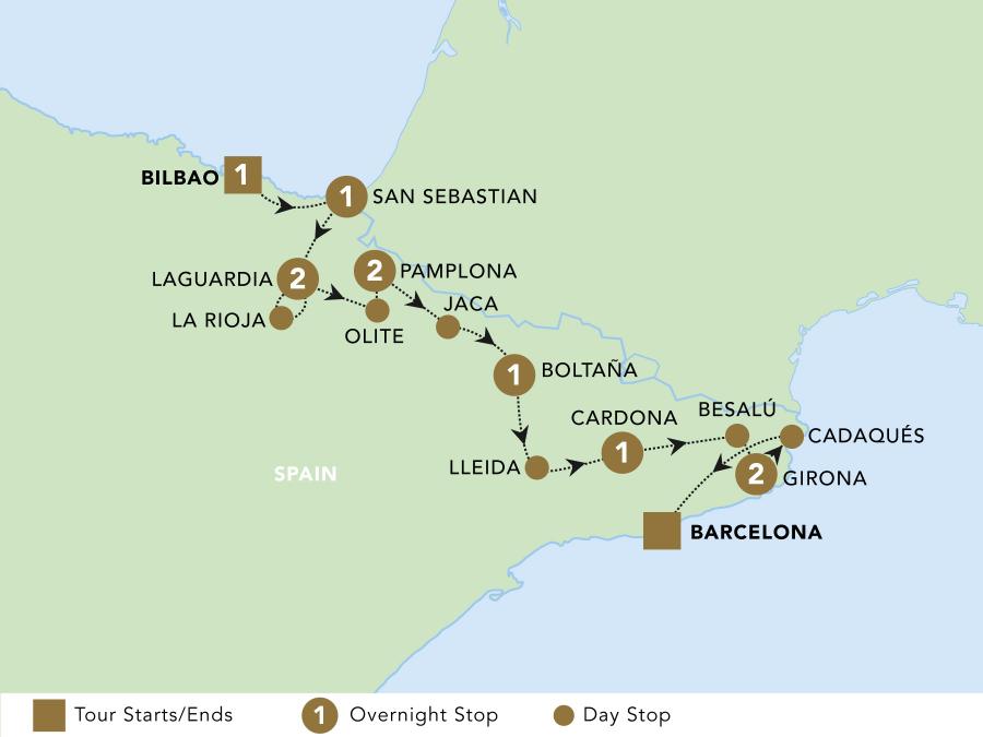 Highlights of northern Spain tour map for 2024.