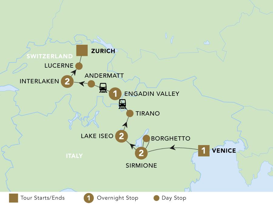 Vistas of Italy and Switzerland tour map 2024