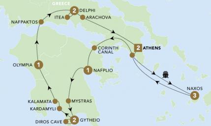 Greece: Legends and Landscapes tour map for 2023.