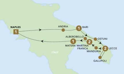 Secrets of Puglia tour map for 2024.