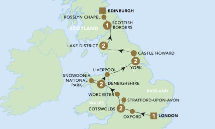 Highlights of Britain 2023 tour map for 2024