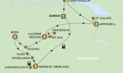 Mountains, Valleys and Lakes of Switzerland tour map 2024