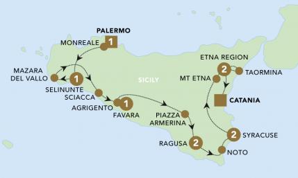 Splendours of Sicily tour map for 2023.