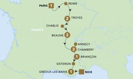 Paris to Nice through vineyards and mountains tour map.
