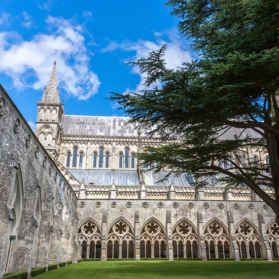 A view of the side of Salisbury Cathedral and a portion of the grounds.